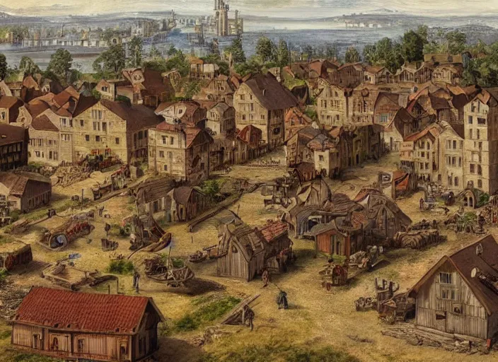 Prompt: realistic photo of a town, settlement, buildings, detailed scenery, medieval time period