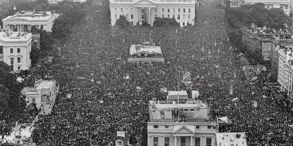 Image similar to a crowd of 6 0, 0 0 0 protesting around the white house, bird's eye view, polaroid, 6 0's, hyperrealism, no blur, 4 k resolution, ultra detailed