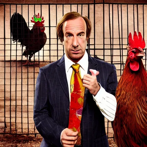 Image similar to saul goodman and a rooster in a torture chamber, horror torture background, saul goodman, rooster, real life photo