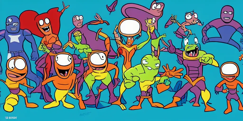 Image similar to the snorks in the avengers, animation, hanna barbera style