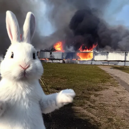 Prompt: a selfie of a white Bunny while a building is burning behind