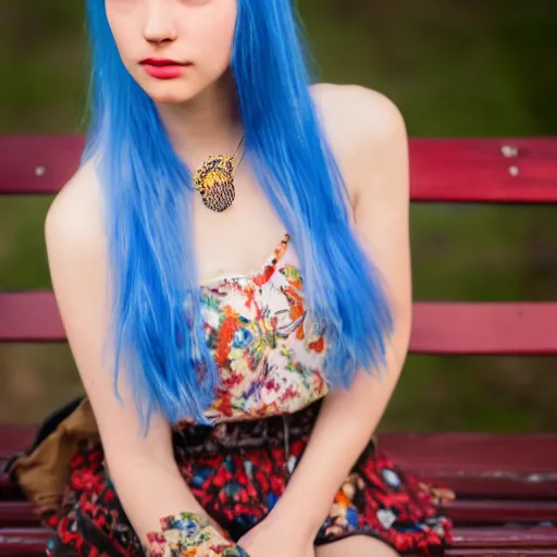 Image similar to dslr photo of a pretty young woman, full bodied portrait, with blue hair, sitting on a bench wearing a flower skirt, and body and wearing hemp sandals and a very detailed ruby necklace around neck, artgerm, artstation, very high quality face, intricate details, extremely high quality, moody lighting, real camera, real photo, 8 k, full subject in shot