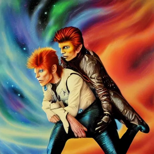 Prompt: david bowie giving a piggy back ride to ziggy stardust. glam rock. cosmic. psychedelic. digital painting by mark brooks brad kunkle.