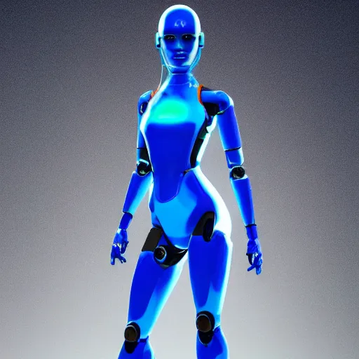 Prompt: a beautiful female robot human hybrid wearing a blue latex jumpsuit, circuitry glowing through the suit like tron, face, torso, legs, feet, epic angle, octane render, photo realistic, hyper realistic, 8 k resolution in the style of alvin schwartz