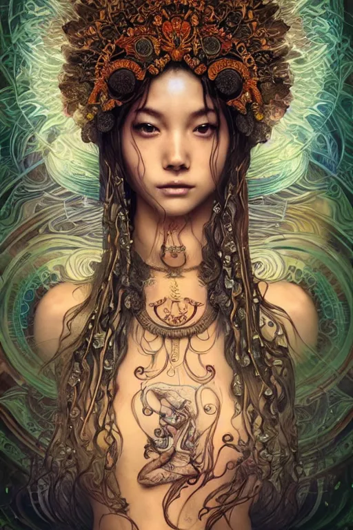 Image similar to a centered full body render of an alluring goddess festival hippy with tribal tattoos surrounded by a underwater ink pour and flowing liquid gallium and sacred geometry, perfect body and face, gorgeous, cinematic, beautifully lit, by miho hirano, by karol bak, by donato giancola, 3 d, trending on artstation, octane render, 8 k