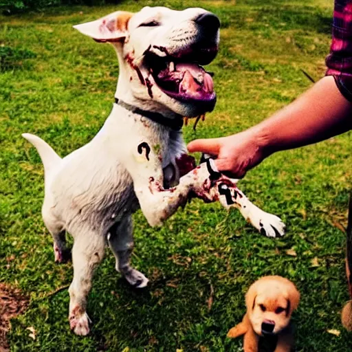 Prompt: a cute friendly zombie playing with a puppy