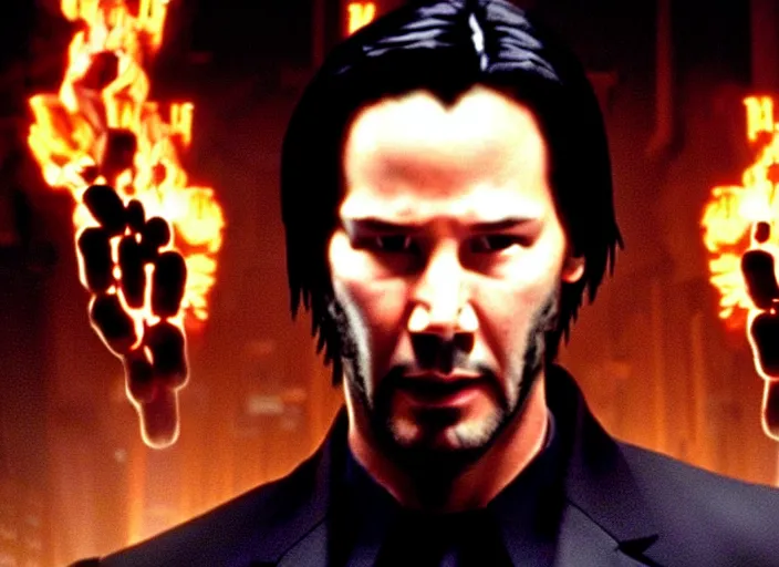 Prompt: Film still of Keanu Reeves as Neo in The Matrix movie doing a thumb up to the camera in front on burning servers, servers in flames in the background, doing a thumb up, The Matrix servers on fire, uncropped, full body, crispy, symmetrical face, ultra detailed, cinematic