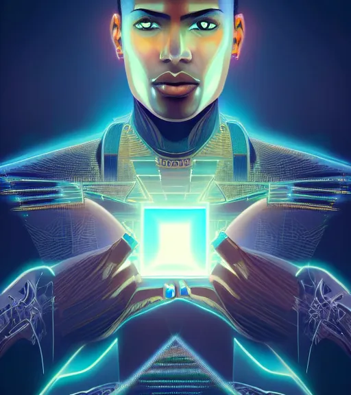 Image similar to symmetry!! egyptian prince of technology, solid cube of light, hard edges, product render retro - futuristic poster scifi, lasers and neon circuits, brown skin man egyptian prince, intricate, elegant, highly detailed, digital painting, artstation, concept art, smooth, sharp focus, illustration, dreamlike, art by artgerm