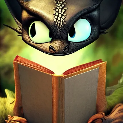 Image similar to cute dragon reading a book in the style of how to train your dragon