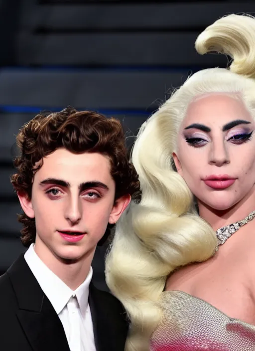 Prompt: timothee chalamet with lady gaga on a red carpet, canon, highly realistic. lady gaga, high resolution. highly detailed 8 k. 4 k.