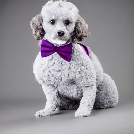 Image similar to a fancy gray miniature poodle wearing a bow tie top hat and monocolor pants