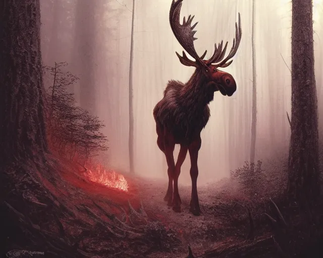 Prompt: 5 5 mm close up portrait photo of an armored demonic fire breathing moose with red eyes and antlers and looking at the camera, in a magical forest. dark atmosphere. art by greg rutkowski and luis royo. highly detailed 8 k. intricate. lifelike. soft light. nikon d 8 5 0.