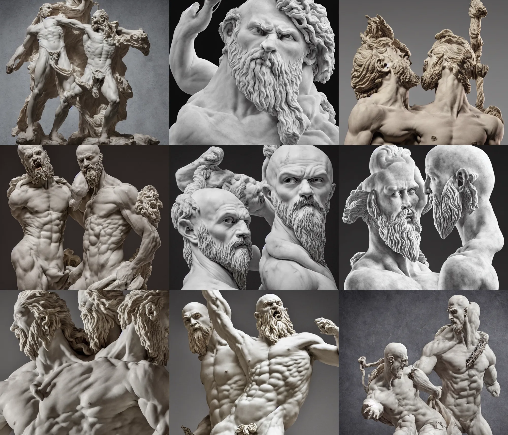 Prompt: rococo style marble statue of kratos killing zeus dramatic lighting, symmetrical facial features, symmetrical face, defined facial features