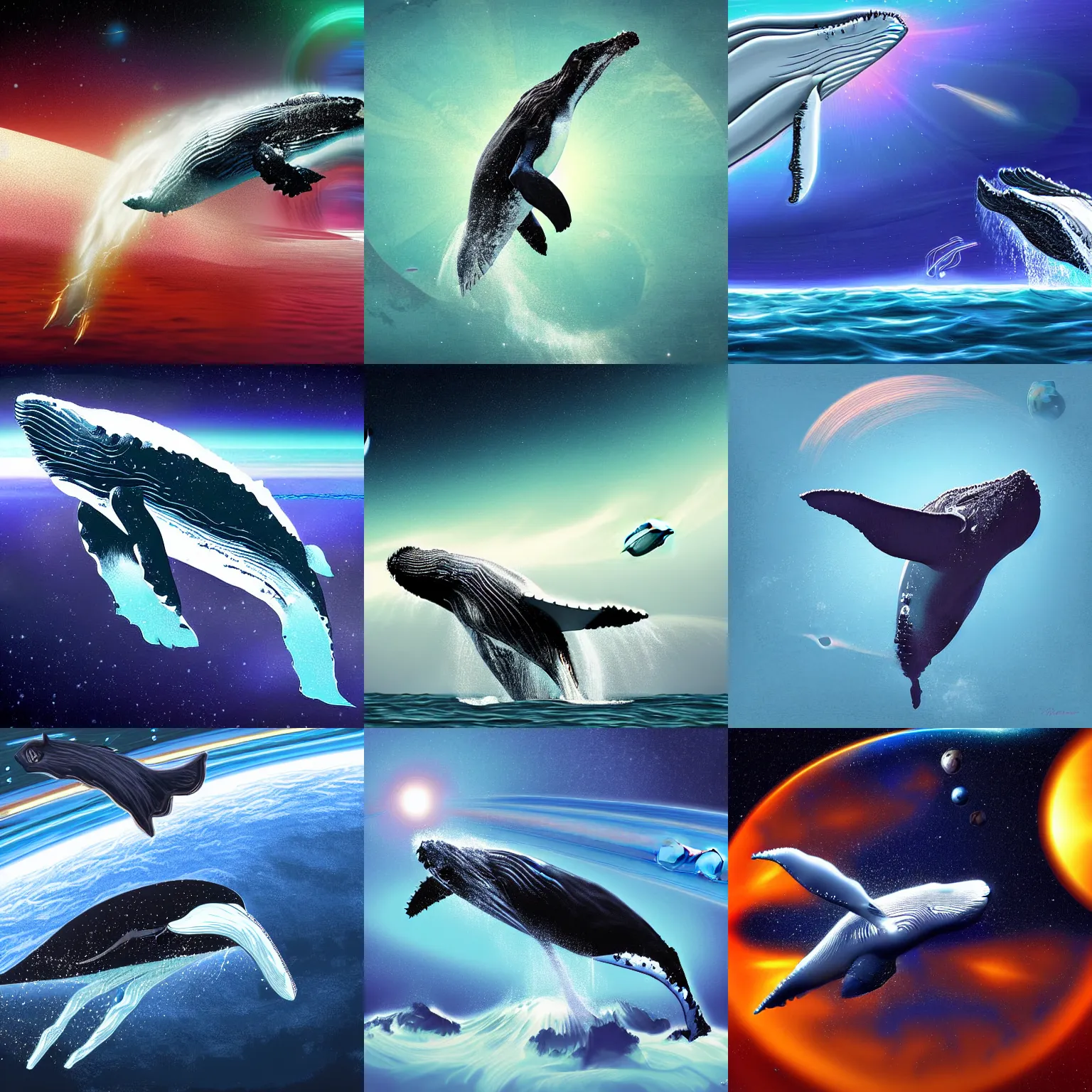 Prompt: humpback whale traveling between planets, digital art
