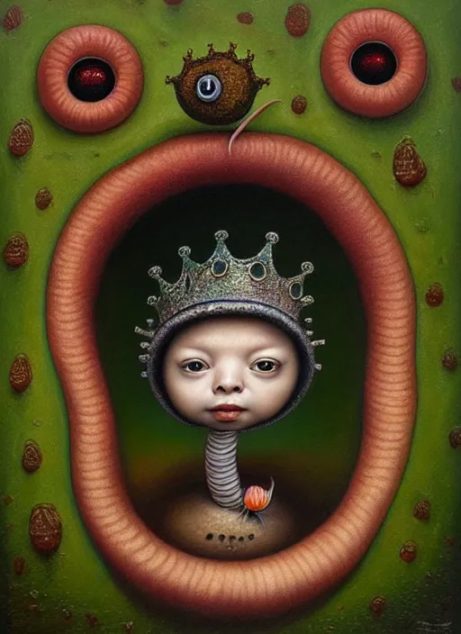Image similar to Oil painting - a regular earthworm with a tiny little crown peeking out form a hole, Masterpiece, Mark Ryden, Wolfgang Lettl highly detailed, hints of Yayoi Kasuma
