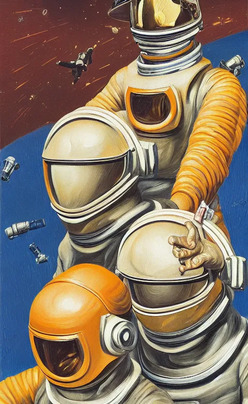 Prompt: Oil painting of two man astronauts wearing helmet fighting each other by Lucian Freud, Abstract brush strokes, Masterpiece, Edward Hopper and James Gilleard, Zdzislaw Beksinski, Mark Ryden, Wolfgang Lettl highly detailed, hints of Yayoi Kasuma