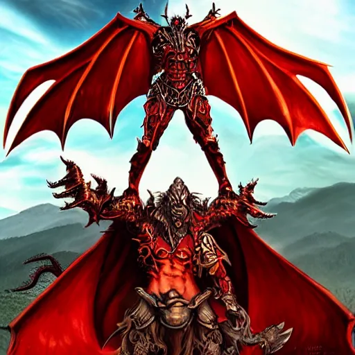 Prompt: am a naranbaatar ganbold, artgerm, man devil in armor made of iron and dragon bones, with hellish big beautiful red devil wings, height detailed body elements, against the background of mountains, ocean, battlefield