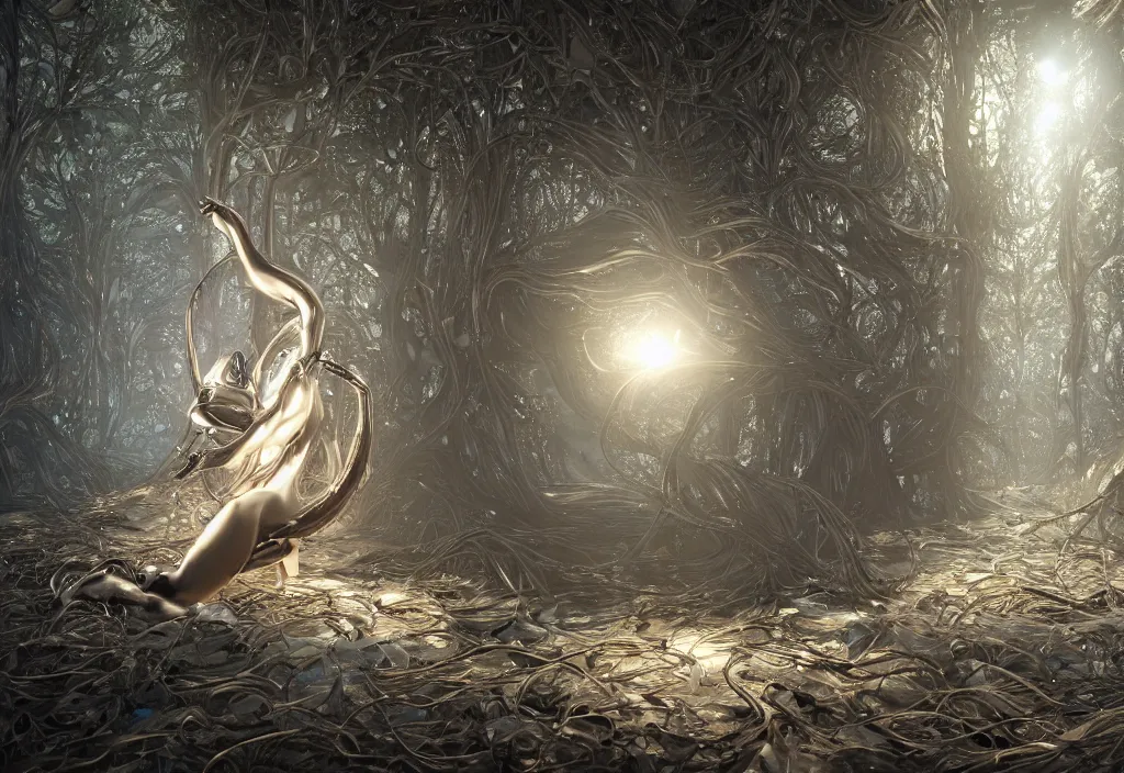 Prompt: cinematic forest lighting, beauteous practical sumptuous full body elegant pose, white pearlescent, chrome, iridescent titanium biomechanical, deadmau 5, crystal, gold, copper, bronze, crystalline masterpiece incrustations, hyperdetailed metalwork by h. r. giger movie still, octane render, unreal engine, crepuscular rays, god rays