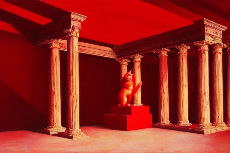 Image similar to only with red, a red cute fluffy caracal, ancient greek temple, marble columns, in the style of beksinski, parts by edward hopper, parts by rodcenko, parts by yue minjun, intricate and epic composition, red by caravaggio, insanely quality, highly detailed, masterpiece, red light, artstation, 4 k