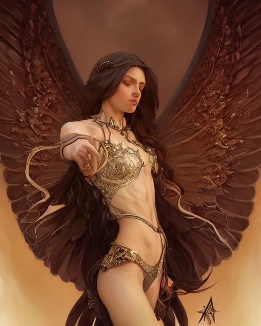 Image similar to portrait of an female fallen angel, d & d, fantasy, intricate, elegant, highly detailed, digital painting, artstation, concept art, smooth, sharp focus, illustration, art by artgerm and greg rutkowski and alphonse mucha