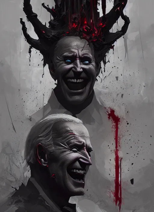 Prompt: dark demonic Joe Biden grinning emperor of the world, high contrast with devil horns, cosmic horror, abstract, masterpiece, trending on ArtStation, by Greg Rutkovski and by Craig Mullins and by David Cronenberg and by Ismail Inceoglu