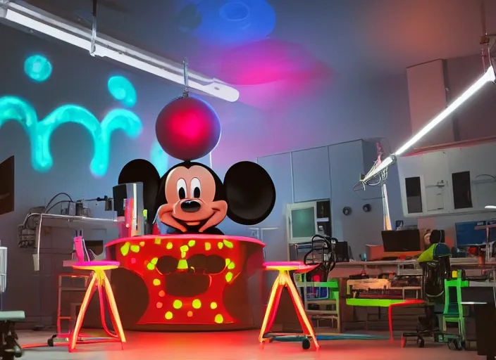 Prompt: giant mickey mouse head statue on the lab flow in front of a glowing neon netflix sign, a group of men in technicians pilot red jumpsuits in a lab try repair the mickey mouse head, made by artist beeple, moody scene, dramatic overhead lighting, extreme detailed, beeple render, limited color palette, 4 k octane render, artstation, hyper real