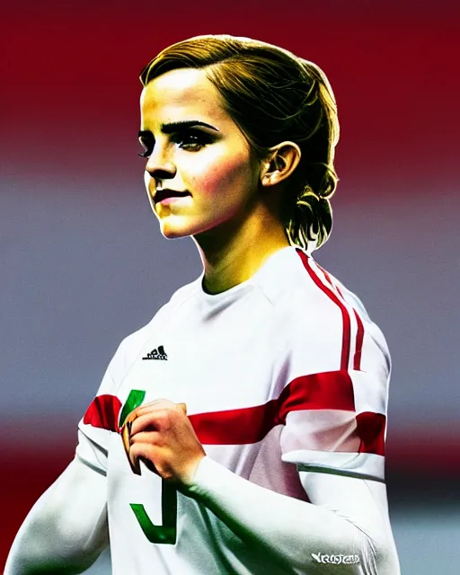 Image similar to a portrait of emma watson as a lokomotiv football player, hyper realistic