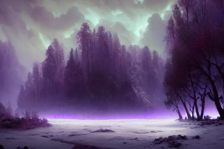 Image similar to a beautiful oil painting of a valley covered in snow, trees with purple, thunderstorm in the sky, blue lighting, gloomy, atmospheric lighting, detailed, beautiful!!, purple bioluminescence, by greg rutkowski, trending on artstation