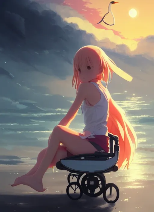 Image similar to portrait of cute girl hugging a swan, sunset sky in background, beach landscape, illustration concept art anime key visual trending pixiv fanbox by wlop and greg rutkowski and makoto shinkai and studio ghibli and kyoto animation, futuristic wheelchair, symmetrical facial features, future clothing, backlit