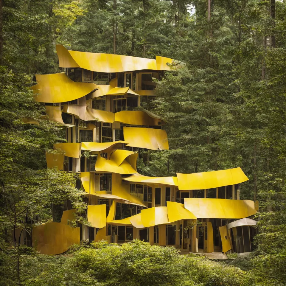 Image similar to architecture ad for a flat mid-century modern house in the forest, designed by Frank Gehry. Big Tiles. Film grain, cinematic, yellow hue