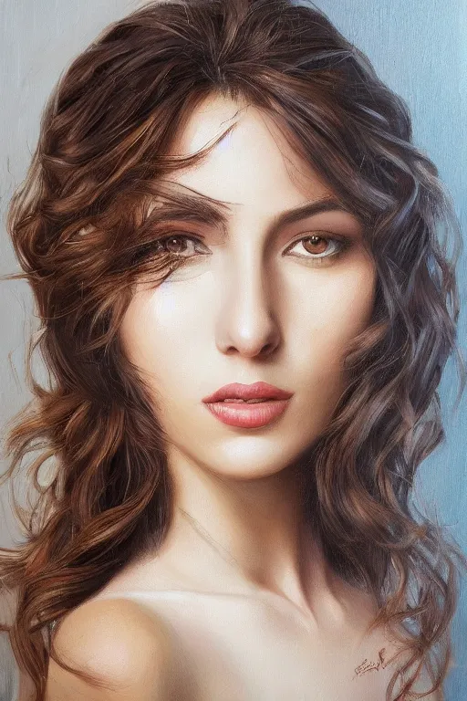 Image similar to beautiful portrait face centre oil on canvas of brunette with wavy hair Ebru Şahin, Reyyan, intricate, elegant, highly detailed, artstation, concept art, sharp focus, art by Alina Ivanchenko, Rob Ross, WLUP, artgerm