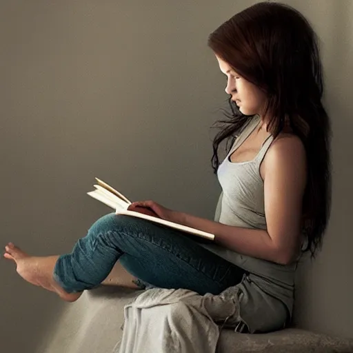 Image similar to 85mm beautiful girl reading a book, hair flowing down, by Emmanuel Lubezki