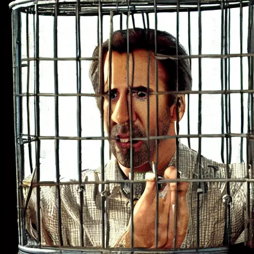 Image similar to nicolas cage trapped in a wicker cage with peas on his face, screaming, movie still, hdr