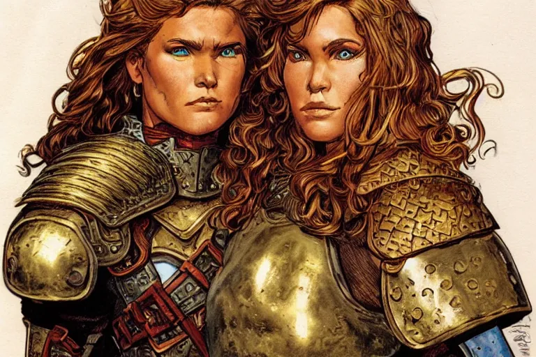 Prompt: frontal portrait of a heavily armored barbarian woman with golden curly hair| d&d | larry elmore |