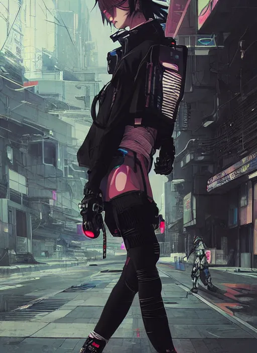 Image similar to hyper - realistic cyberpunk anime woman wearing inline skate, tokyo street, extreme detail, good face, model, concept art, in style of yoji shinkawa, pan ren wei, col price, atey ghailan, by greg rutkowski, aesthetic