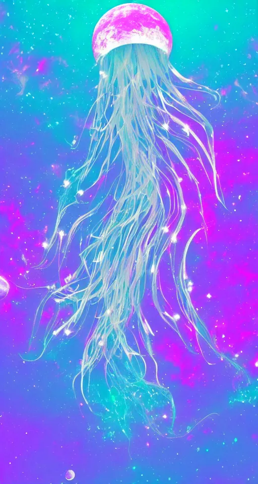 Prompt: the moon turning into a majestic jellyfish made out of the cosmos, drifting through a vaporwave ocean, vaporwave style, iphone wallpaper, digital art