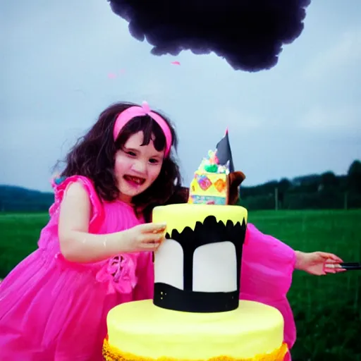 Prompt: dark angel throwing a yellow - pink - black birthday cake from the clouds onto a girl with two dogs, kodak film