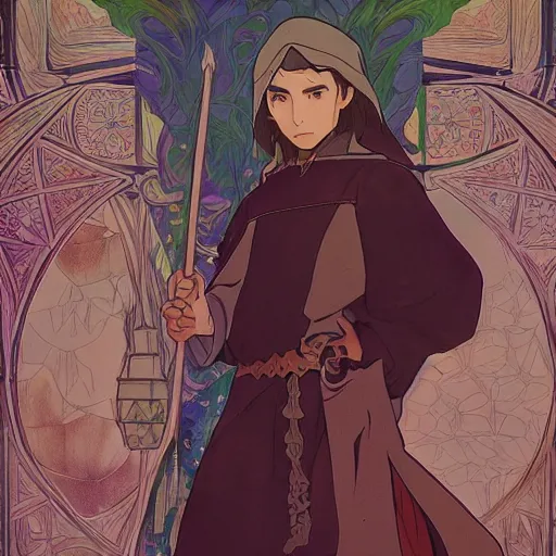 Image similar to elf wizard, dungeons and dragons, male, ornate robes, realistic facial features, highly detailed, illustration, Makoto Shinkai and Studio Ghibli animated film still, by Ilya Kuvshinov and Alphonse Mucha