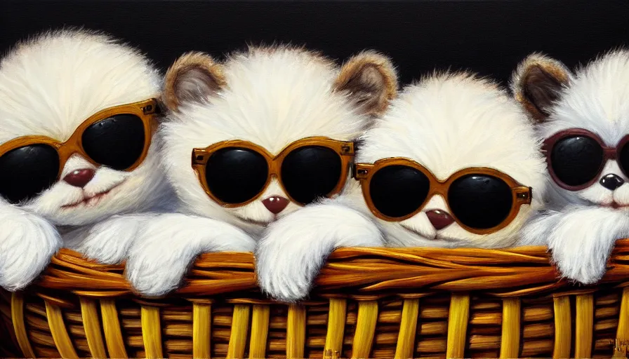 Image similar to highly detailed painting of cute furry furbys wearing shades cuddling up in a basket by william turner, thick brush strokes and visible paint layers, 4 k resolution