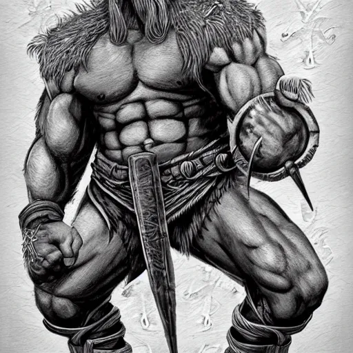 Prompt: frost giant, with a two handed axe, tribal tattoos, very muscular, large fists, fantasy, d & d, intricate, detailed 4 k, by viktor antonov, trending on artstation, smooth, sharp focus