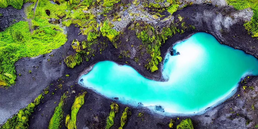 Image similar to drone shot photo of a landscape with mountains, waterfalls, wallpaper, very very wide shot, blue glacier, iceland, new zeeland, green flush moss, national geographic, award landscape photography, professional landscape photography, sunny, day time, beautiful