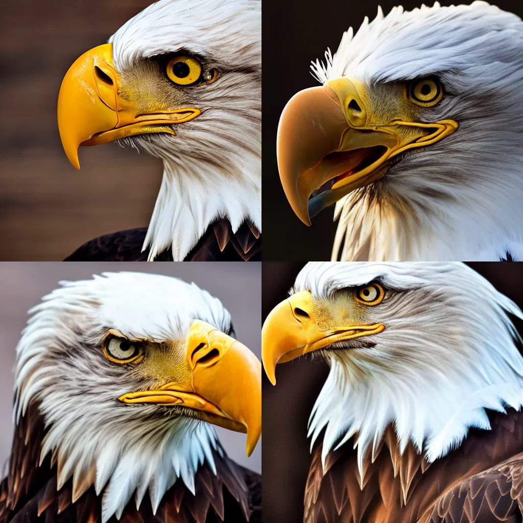 Prompt: a close up of a bald eagle with a wooden fence in the background, a portrait by paul emmert, featured on unsplash, american realism, creative commons attribution, made of feathers, sharp focus