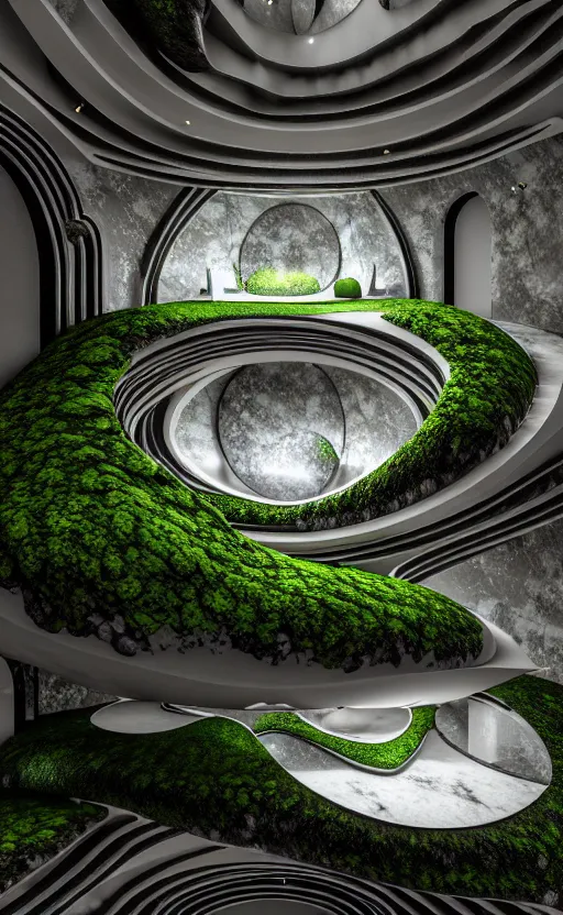 Image similar to highly detailed ultra sharp 3 d render villa interior cinematic composition of a smooth ceramic porcelain biomorphic magnolia stone nebula fluid fractal sci - fi surreal architecture landscape, granite, metallic, magnesium, marble, moss and lichen, vincent callebaut composition, mamou - mani, archviz, beautiful lighting, 8 k, unreal engine, hdr,