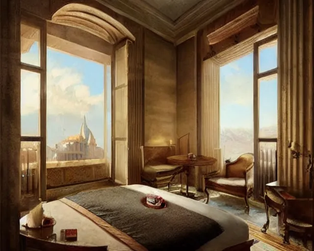 Prompt: a luxury hotel! suite room in the style of roman empire architecture, art by greg rutkowski and artgerma, stunning! concept art, interior! design