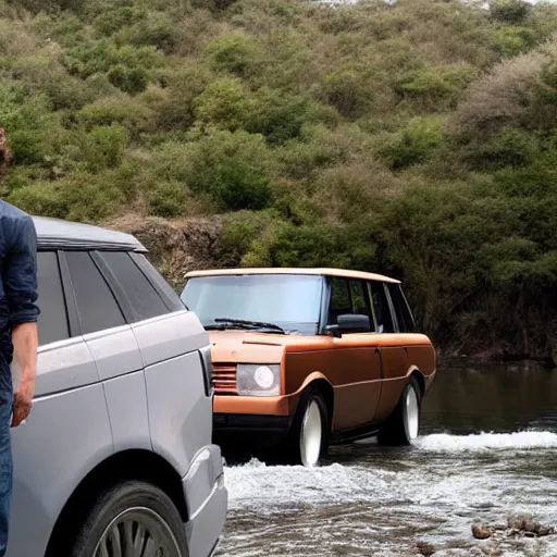 Image similar to dennis reynolds a. k. a. the golden god, standing next to his range rover near a body of water, cinematic style