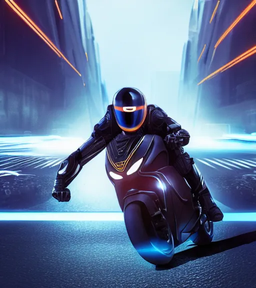 Prompt: tron legacy crowded motorcycle race to the ancient and majestic tower of babylon destroyed, hyper realistic, ambient lighting, concept art, intricate, hyper detailed, trakovsky greatest scene, smooth, dynamic volumetric lighting, octane, raytrace, cinematic, high quality, high resolution, 4 k, cgsociety, rutkowski, gurney