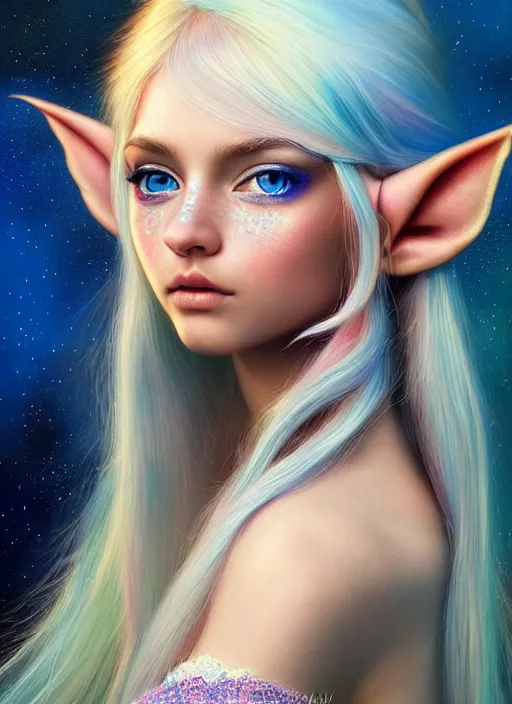 Prompt: a beautifully detailed portrait, colorful luminous background, gorgeous fantasy elf. professionally retouched, soft lighting, realistic, smooth face, white skin, gorgeous blue eyes, detailed big eyes, long white hair, cute ears, wide angle, sharp focus on the eyes, 8 k high definition, insanely detailed, intricate, elegant, beautiful, art by artgerm and wlop