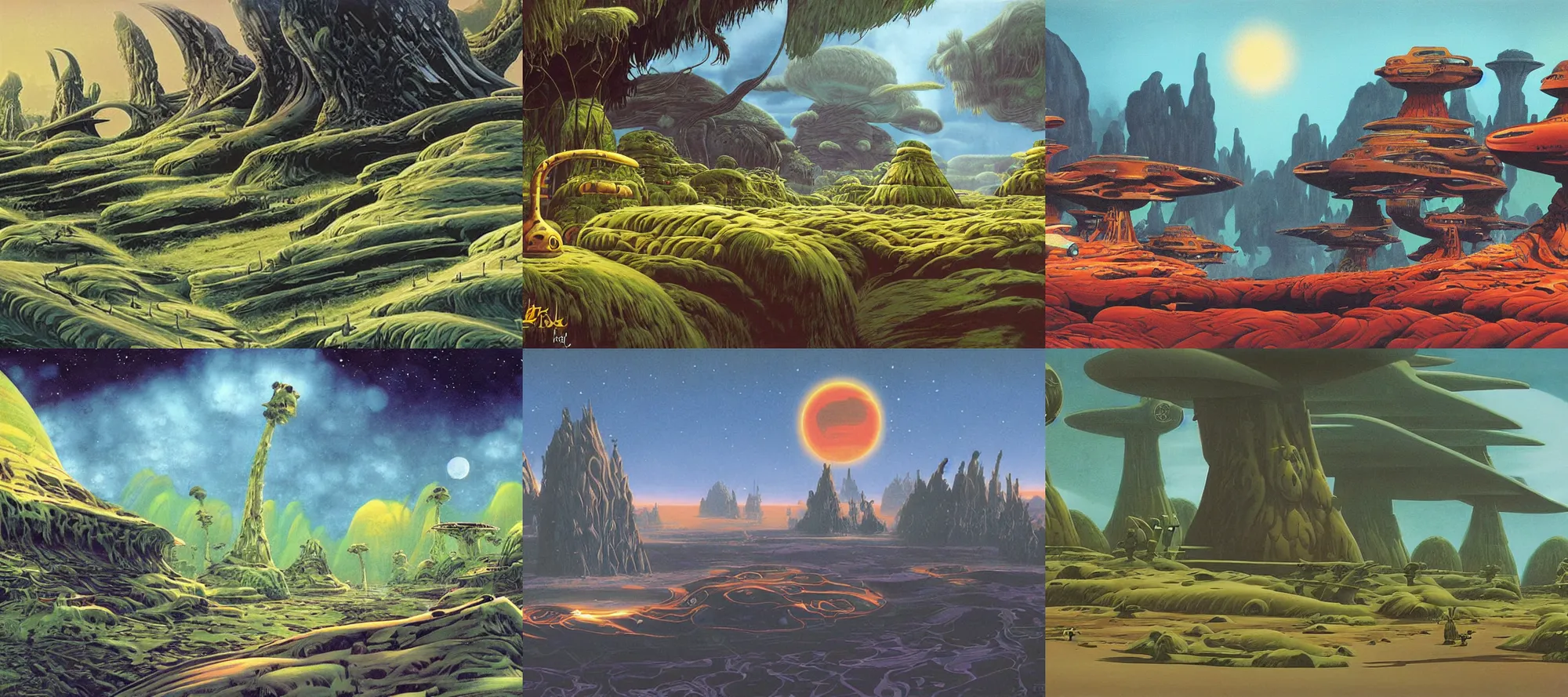 Prompt: A Kashyyyk landscape in the style of Dr. Seuss, starships, painting by Ralph McQuarrie