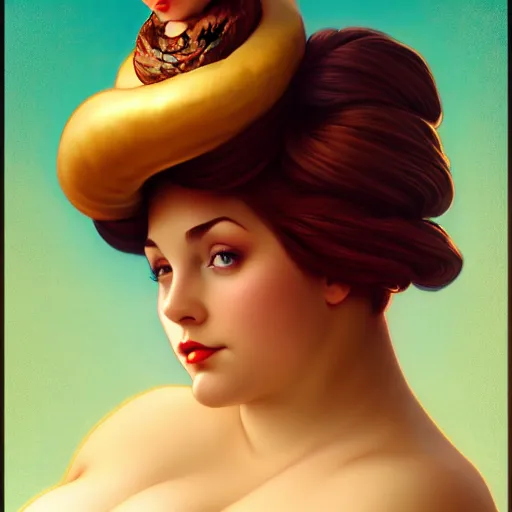 Prompt: curvy woman with a bundt cake on her head, digital art, cinematic, concept art, 8k, painting, imaginefx, cgsociety, art nouveau, Alphonse Mucha, trending on artstation, wide shot, full shot