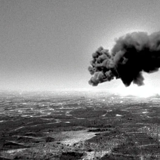 Prompt: combat drone strike war footage, black and white, high contrast, green overlay, nuclear cloud